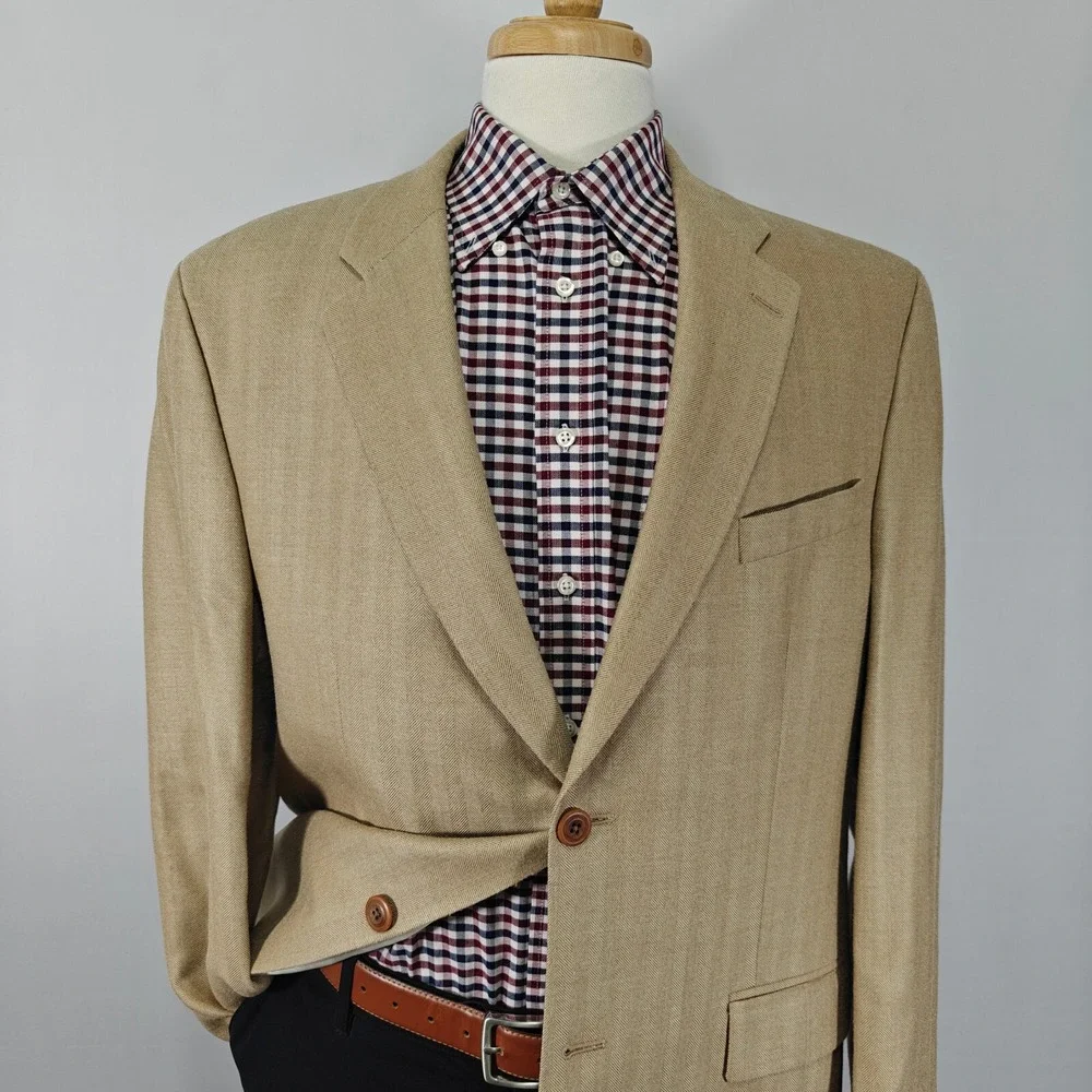 Kasper Men's Sport Coat Blazer‎ Two Button Beige Herringbone Silk Wool Size 44L